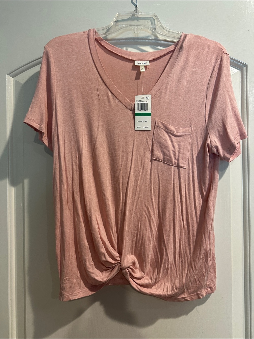 Self Esteem Soft Pink Twist-Hem V-Neck Pocket Tee
